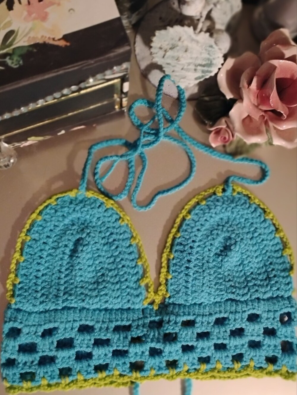 Handmade Crochet Bralette - Turquoise with Lime Trim - Picture 7 of 11